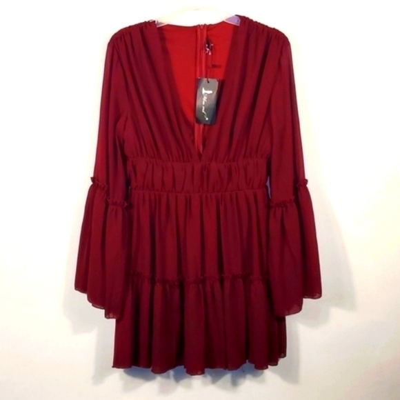 Plunging Neck Frill Maroon Ruffle Hem Chiffon Dress Size Medium NWTG - Picture 10 of 15